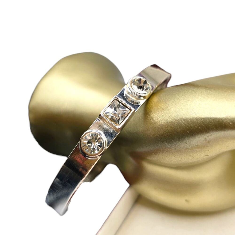 Silver Tone Cuff Bracelet Clear Crystal Stones Hinged Bangle Women 7.5 Inch - Picture 2 of 7